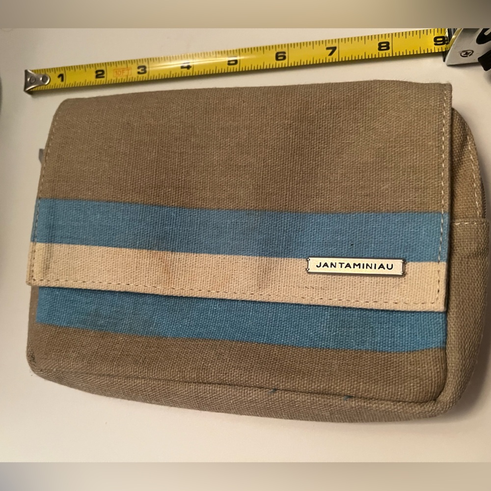 Tan and Blue Cosmetic Bag